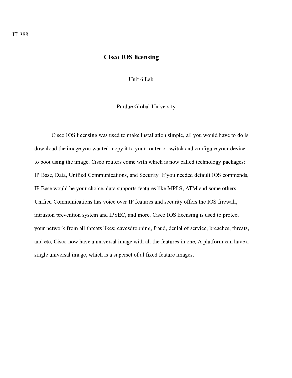 Preview image for IT388 Unit 6 Lab.docx  IT-388                                            Cisco IOS licensi